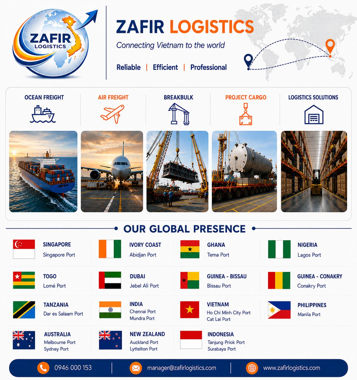 Zafir Logistics corporate overview: services, global presence, and contact details